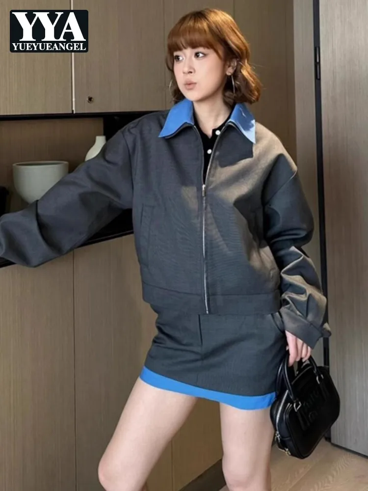 Fashion Autumn New Women Cargo Jacket Mini Wrap Skirt Two Piece Set Vintage Mixed Collar Lapel Collar Losoe Fit Coat Outfits Set