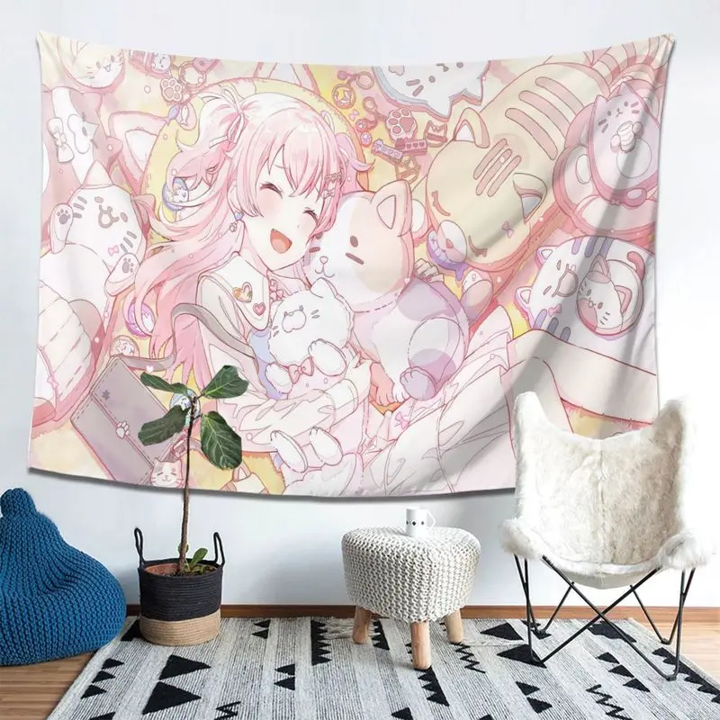 VIKAMA Pink Haired Girl Hugs Cat Soft Cute Anime Tapestry Hanging Cloth Trendy Cool Wall Decoration Room Decoration