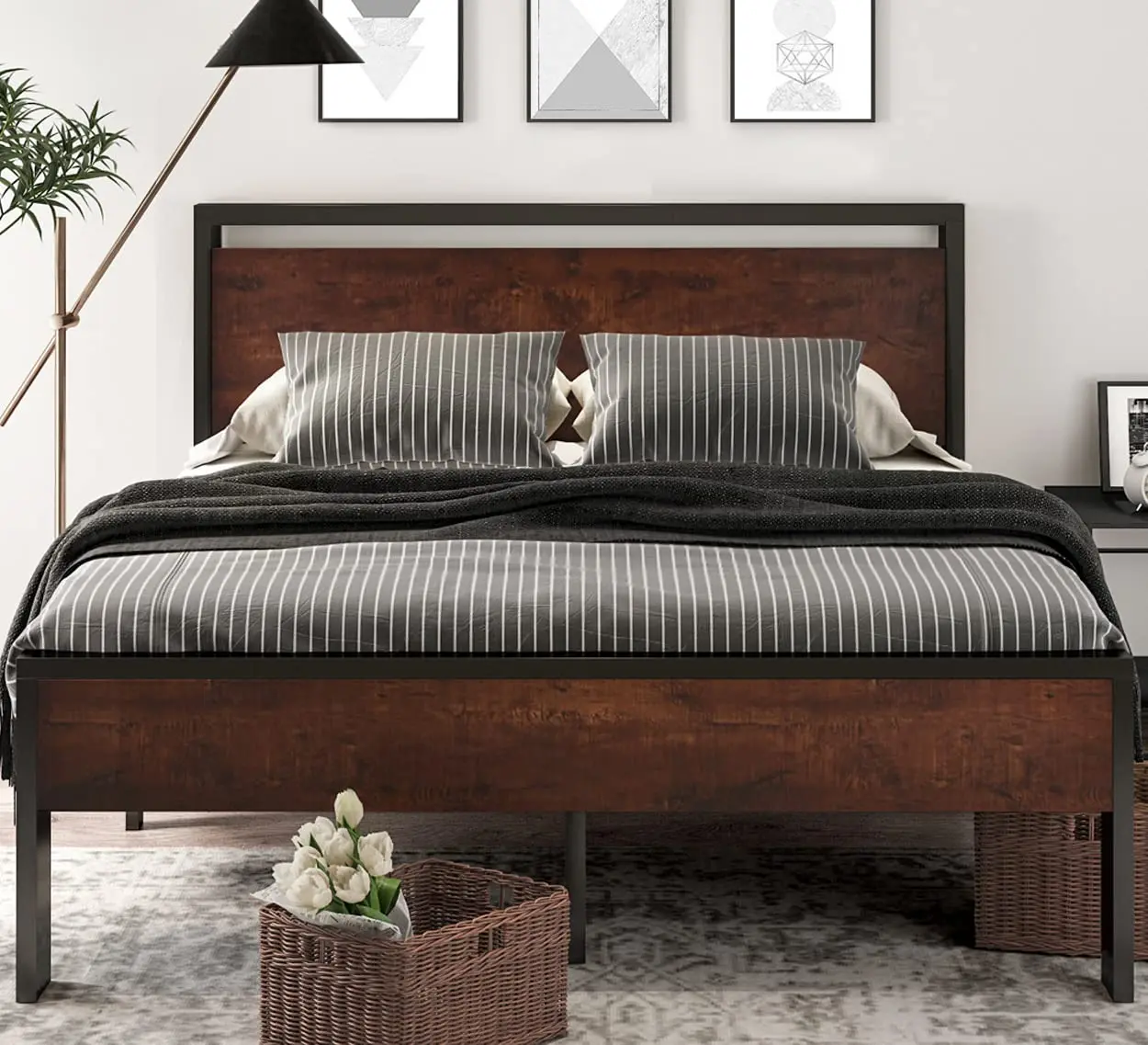 14 Inch Queen Size Metal Platform Bed Frame with Wooden Headboard and Footboard, Mattress Foundation, No Box Spring, Customized