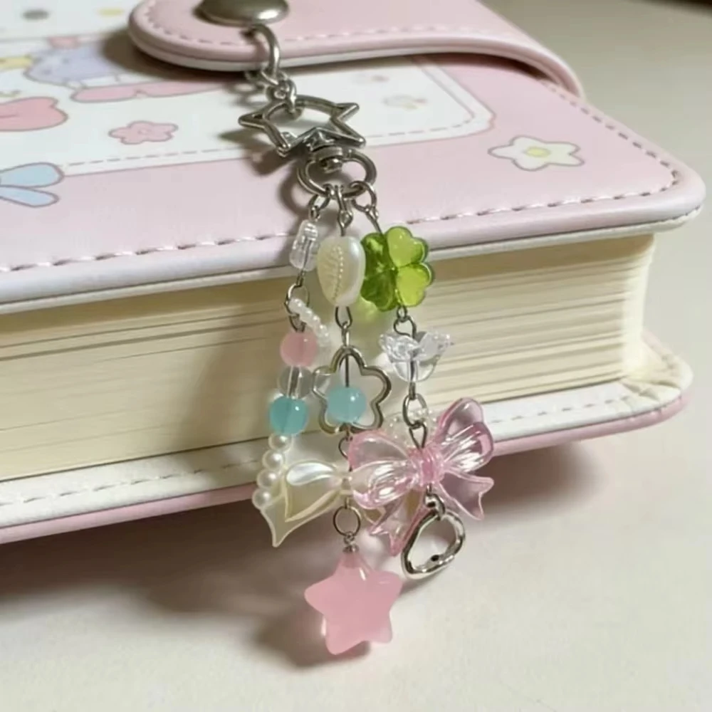 

Y2K Flower Star Love Bow Pendant Sweet Pink Green Bead Keychain Student Women Backpack Pants Chain Accessories Gifts