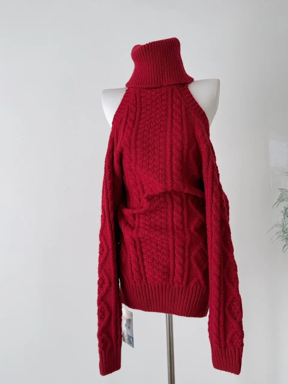 

High Collar Bal Knitted Dr Women's Autumn Winter Loose Long Sve oulder Bared Outerwear Wrap around Skirt