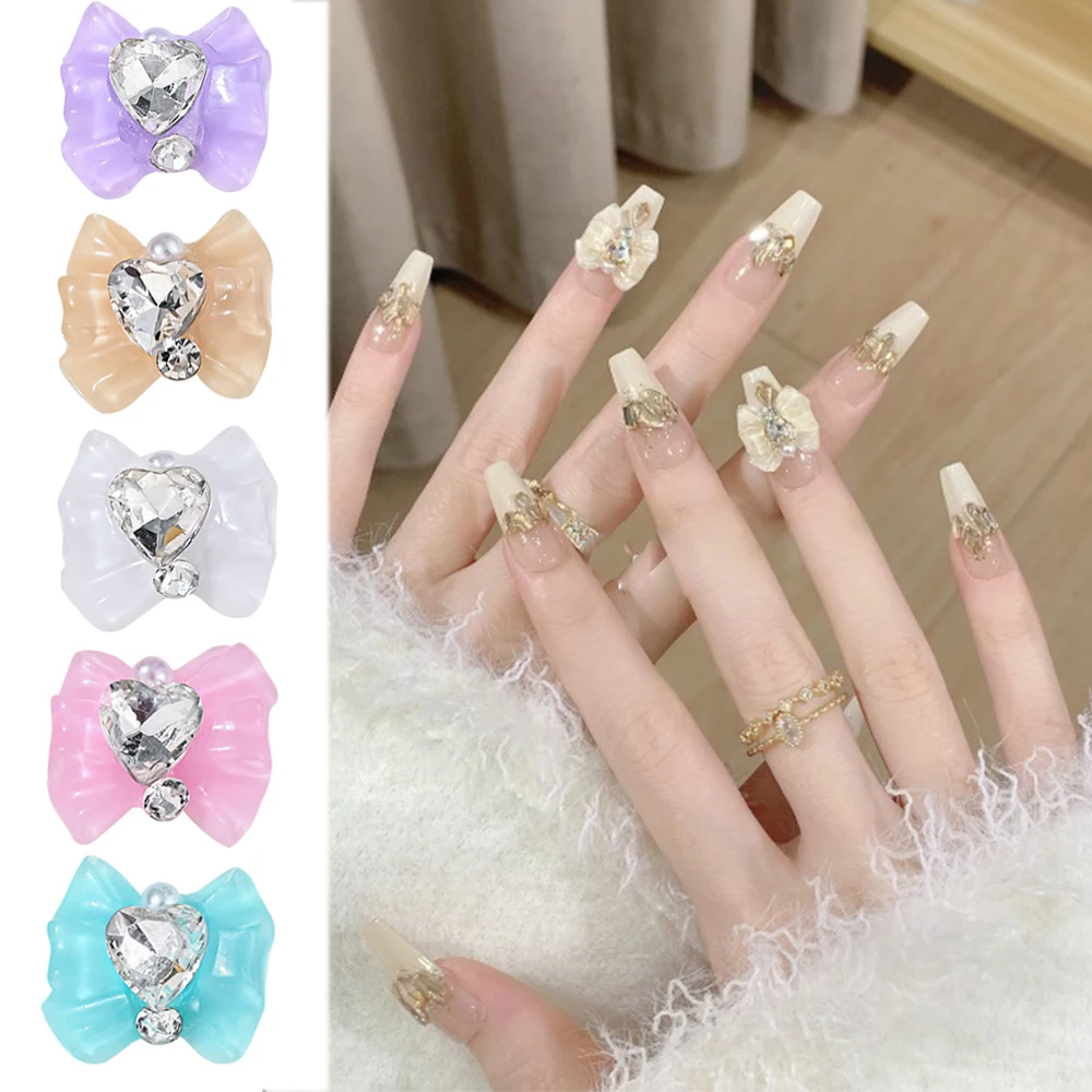 10pc 3D (14X12.5mm) Japanese Bow with Zircon Nails Charm fashion Rhinestone Love Gems Nail Art Decoration Y2K for girl Manicure