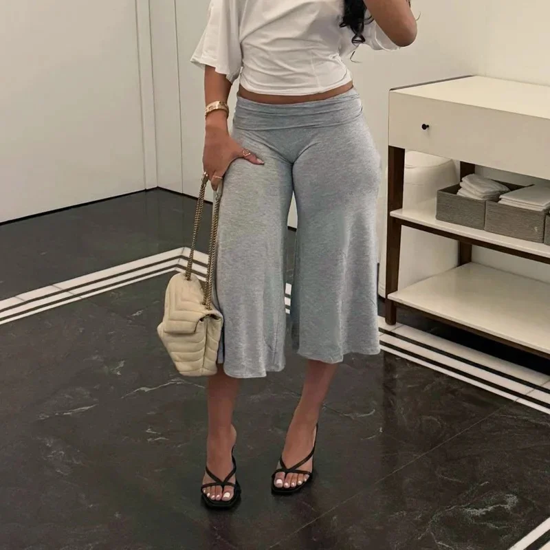 Women Solid Fold Over Low Wais Capri Pants Y2K Casual Loose Soft Yoga Pants Loungewear Comfy Flowy Bottoms