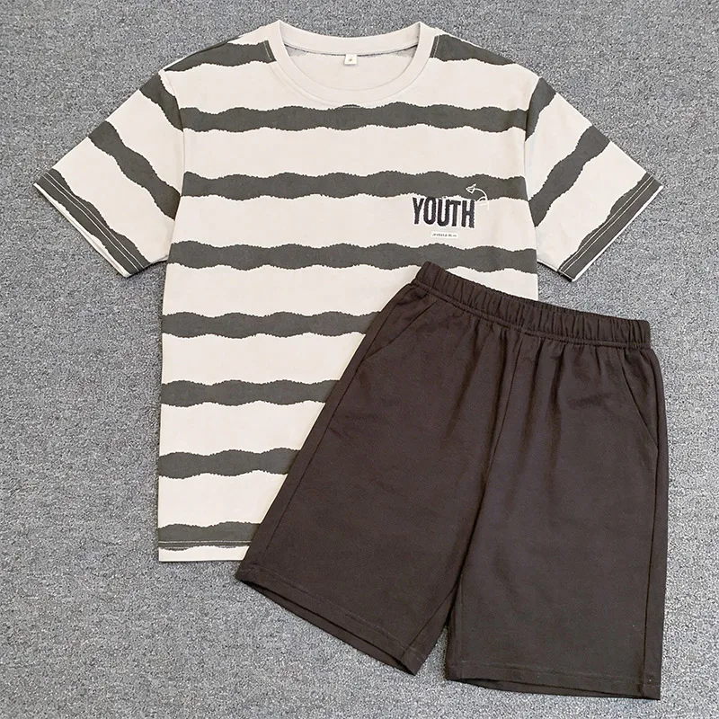 

Men's Pajamas Summer Thin Cartoon Short Sleeved Shorts Striped Set Youth Casual Home Wear Men's Casual Elastic Sleepwear