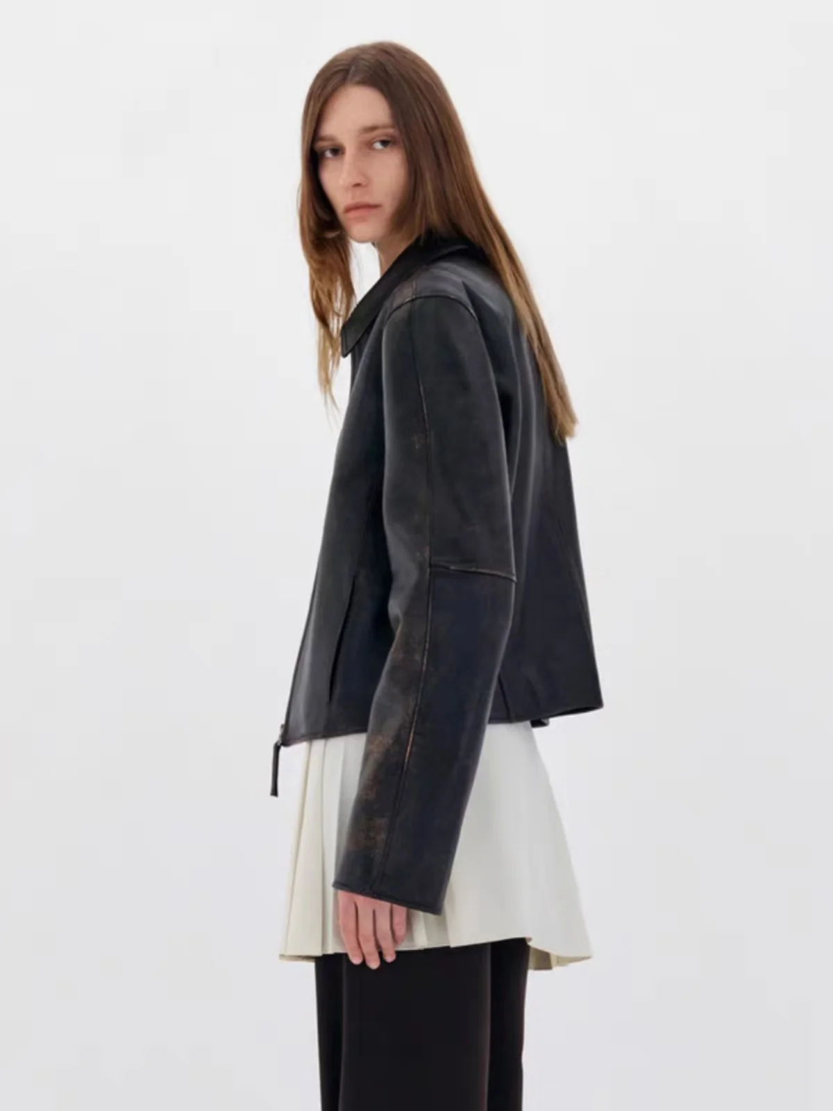 Low Classic Women's Leather Jaet Spring Autumn Gold High Silver Vintage Faded Zipper ort Collarl Coat Outerwear