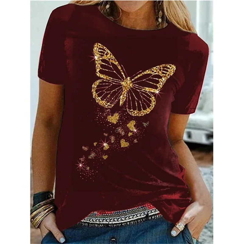 Funny Golden Butterfly Printed Women's T-Shirt Short Sleeve Crew Neck Loose Comfortable Top Street Hip Hop Trend Ladies Clothing