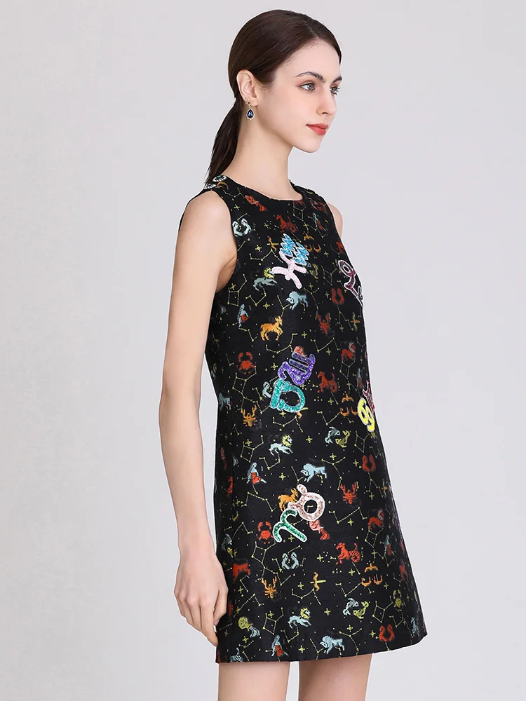 2023 New Summer Fashion Runway Woman's Round Neck Sleeveless Sequined Constellation Printing Mini Dress