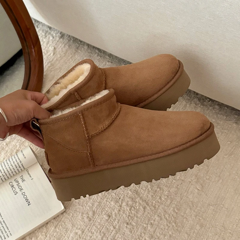 

Classic Ultra Mini Platform Short Tube Winter New Fashionable Versatile Leather Fur Integrated Wool Warm Snow Boots for Women