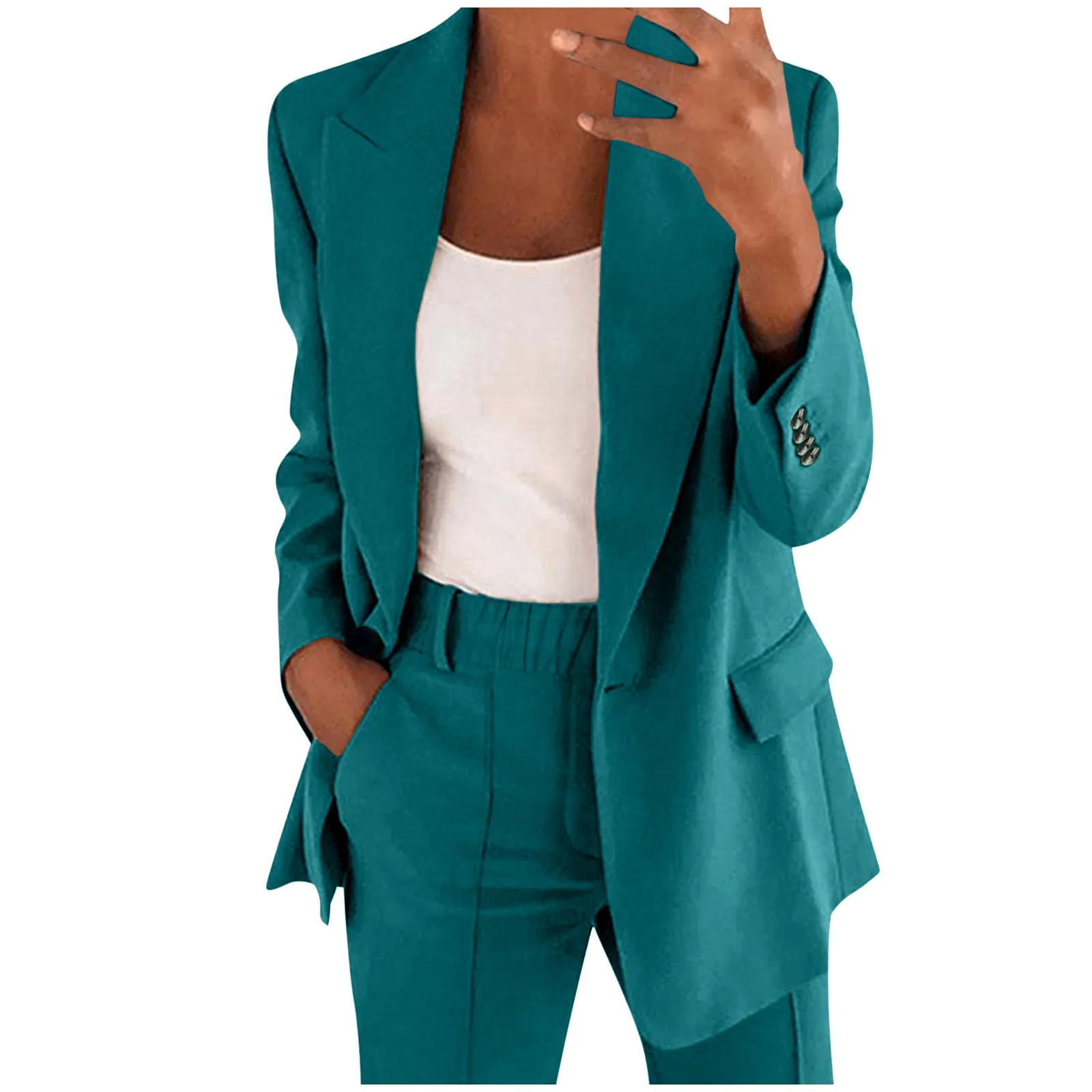 Women's Solid Casual Suits Long Sleeve Button Formal Suit Jacket Slim Pockets Straight Trouser Long Sleeve+Trousers 2 Piece Set