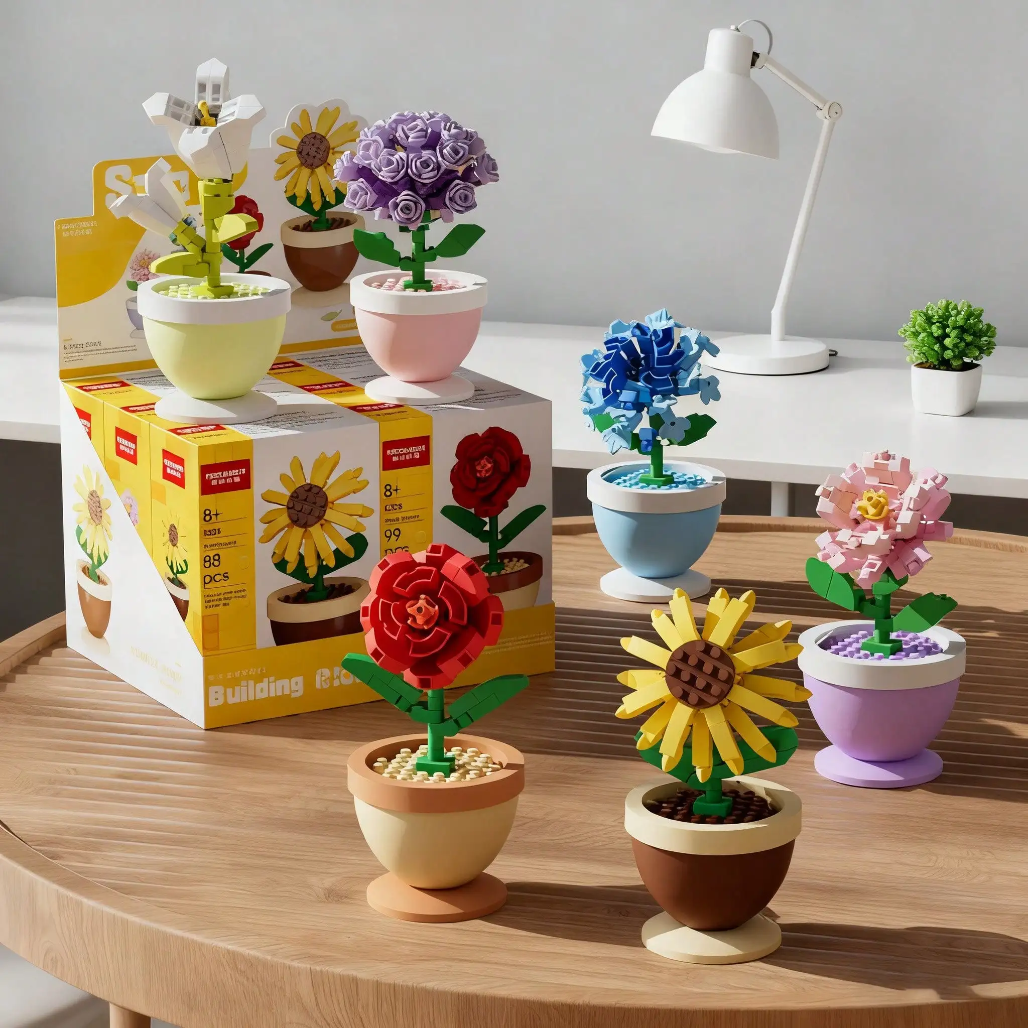 Vasen-Baustein-Set (Lila Blüten, Hibiskus, Rose, Sonnenblume) Pflanzenserie Heimdekoration, Bürodekoration, Valentinstag