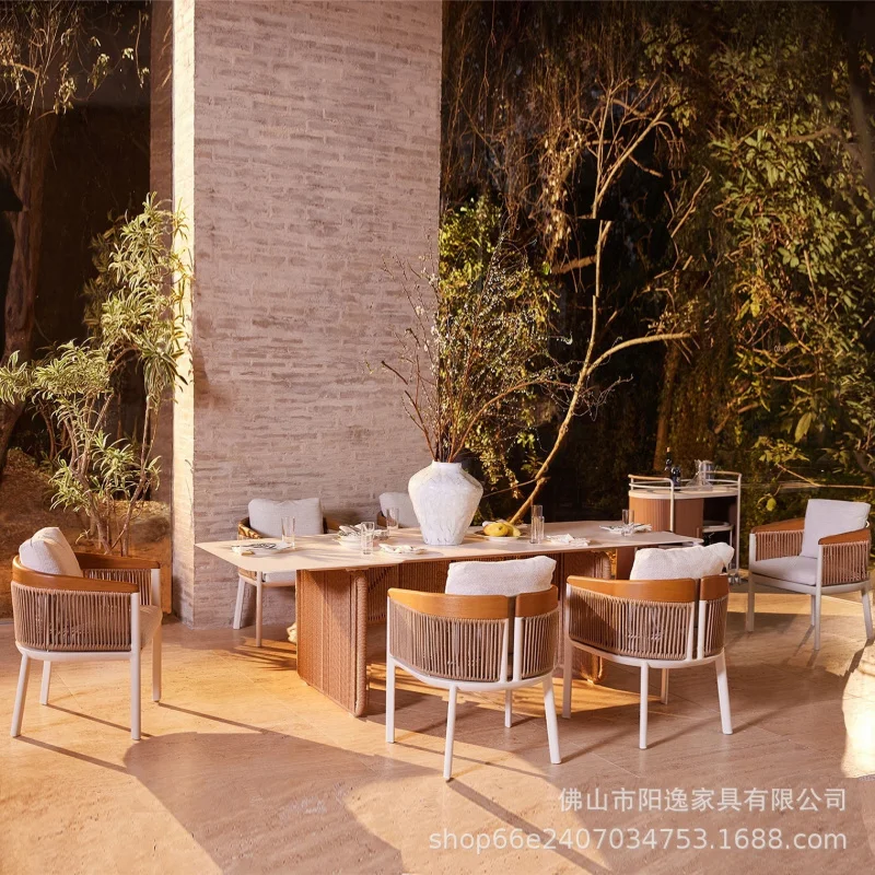 Outdoor Sofa Nordic Outdoor Sofa Made Of Rattan Solid Wood, Simple Waterproof-Resistant Garden Furniture Set With Table And Chai