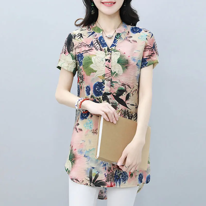 Women\'s Clothing Vintage Folk Printed Midi Shirt Commute Elegant V-Neck Summer Casual Spliced Short Sleeve Split Straight Blouse