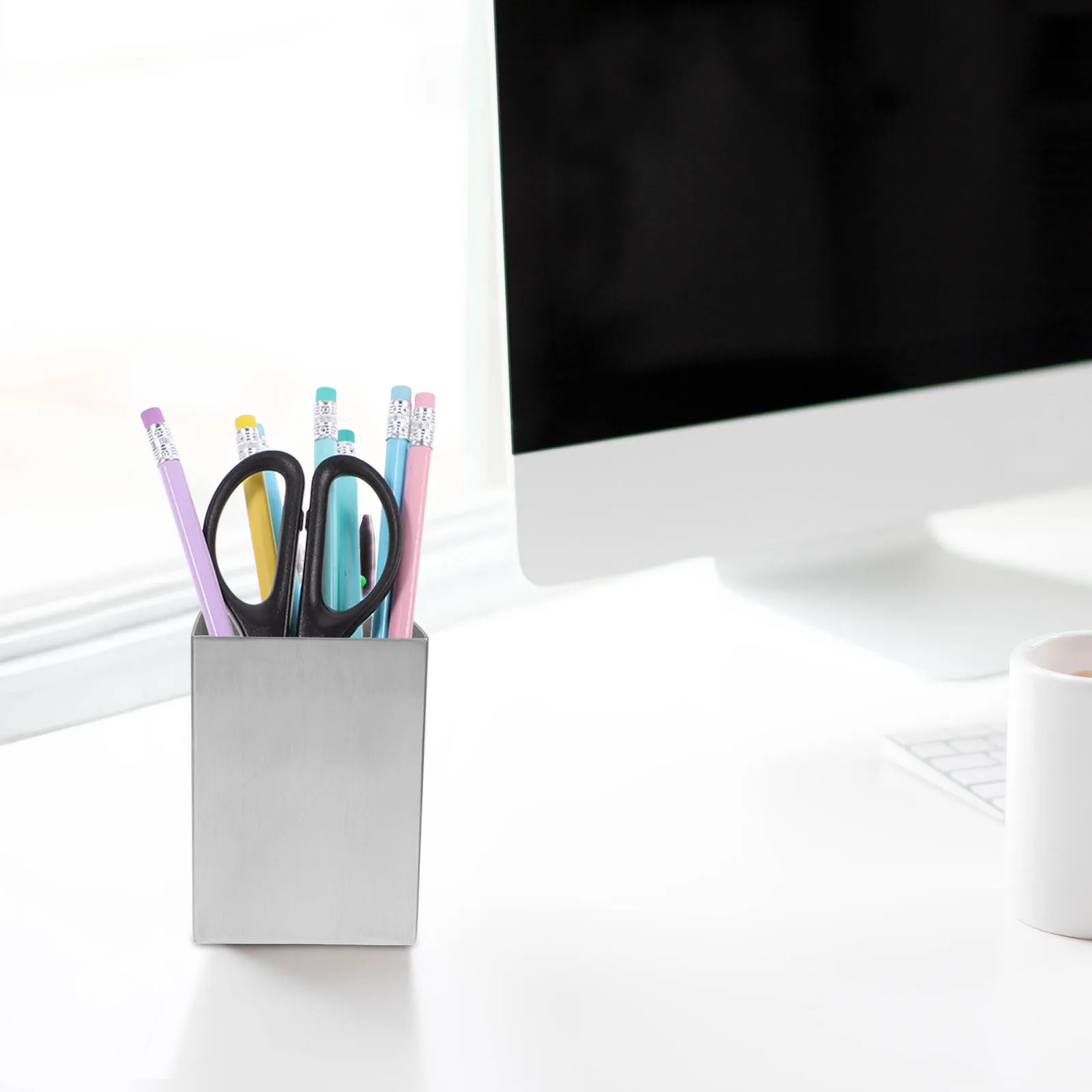 

Stainless Steel Pen Holder Desk Organizer Square Cup for Stationery Brushes Silver Color Desktop Accessory