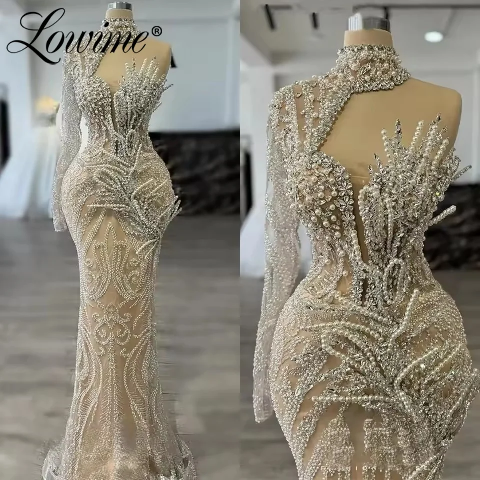 

Arabic Party Dress One Shoulder Long Sleeve Women Evening Gowns Customized Mermaid Pearls Crystal Prom Dresses Long 2026 Robes