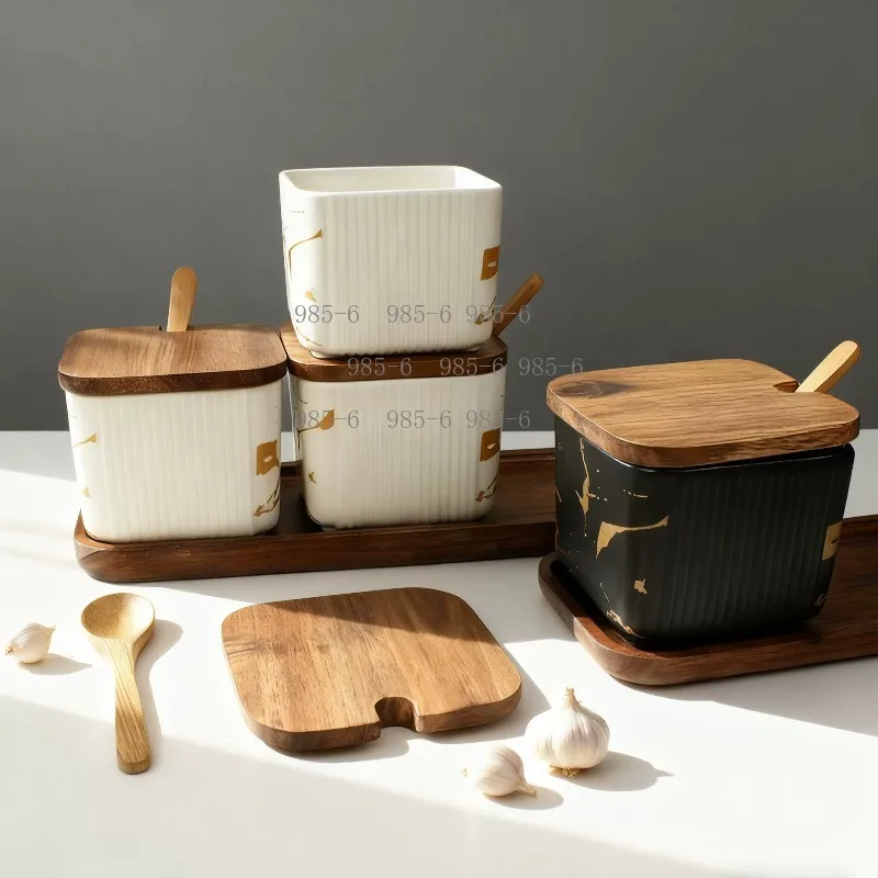 White Ceramic Spice Jar Set, Nordic Minimalist Kitchen Storage Containers with Bamboo Lids