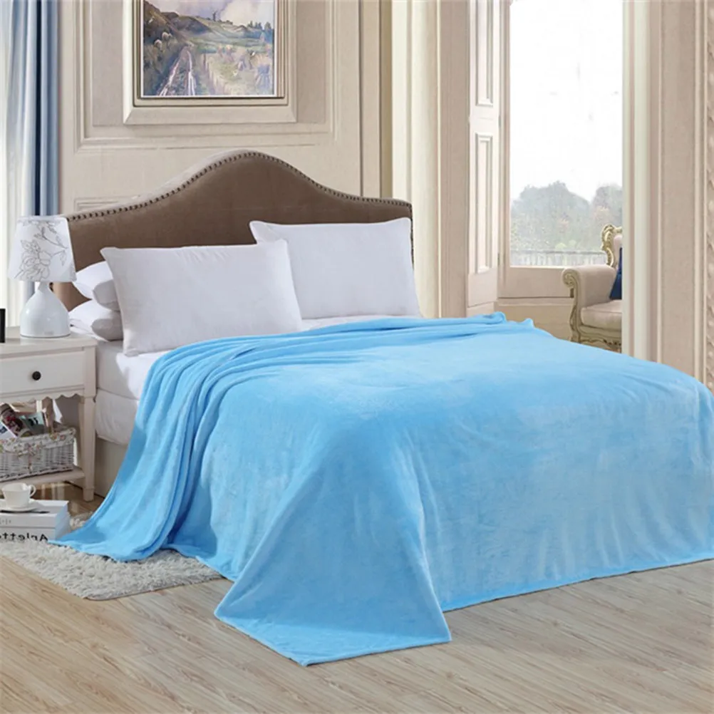 100x140cm Extra Warm Flannel Fleece Blanket Bright Solid Color Comfortable for Bed Sofa Decorative Home Use Sky Blue