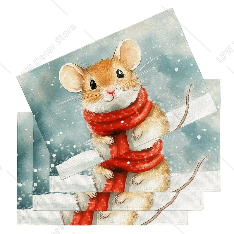 

4 упаковки, рождественские салфетки для мыши в деревенском стиле, 12x18 дюймов, полиэфирная трикотажная ткань, коврики для стола, моющиеся вручную, прямоугольные, для столовой