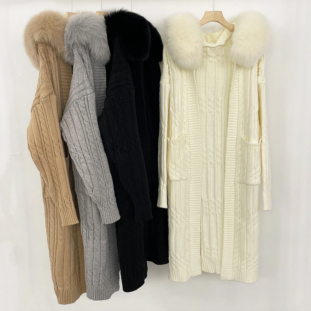 2025 여성용 모피 코트 니트웨어 롱 스웨터 후드 봄 가을 신상 여우털 니트 가디건 두꺼운 리얼 퍼 니트웨어 오버사이즈