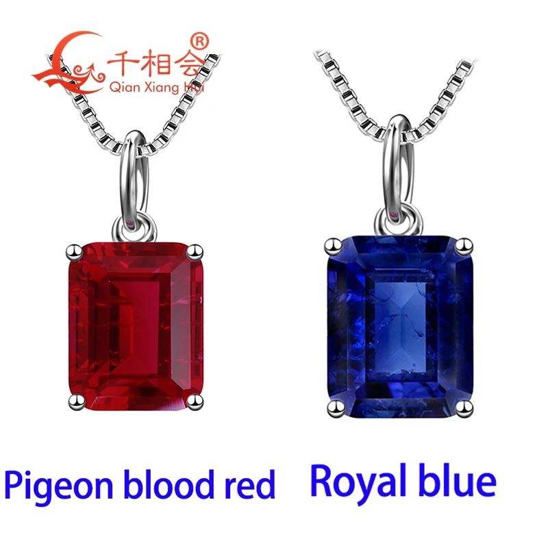 

4.5ct 8x10mm S925 Silver Emerald Cut lab grown royal Blue/Cornflower Sapphire Pigeon blood red inclusions Stone Pendant Necklace