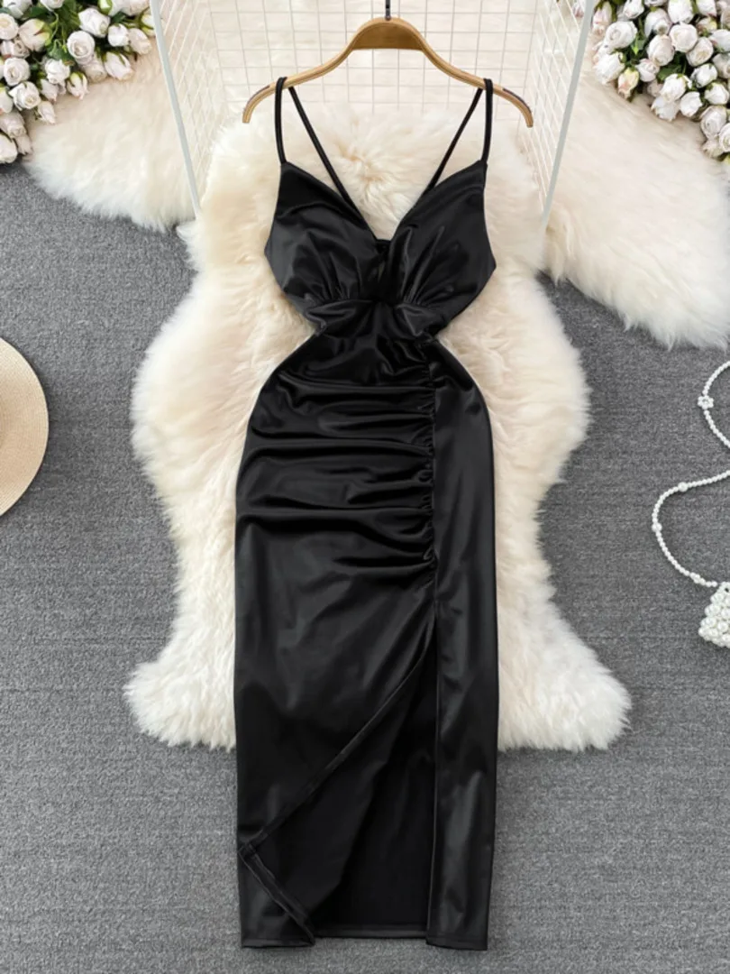SsTss 섹시한 V 넥 민소매 새틴 드레스 여름 새로운 스파게티 스트랩 크리스 크로스 백 하이 웨이스트 셔링 스플릿 미디 파티 드레스