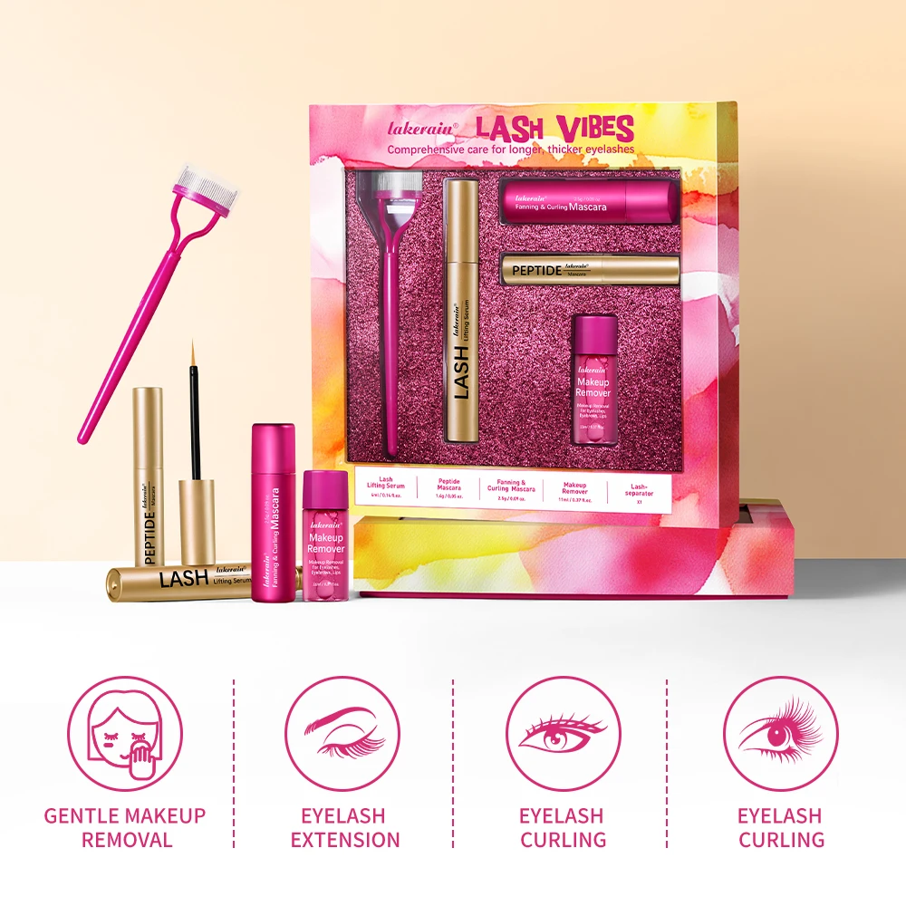 Deluxe wimperset bevat wimperserum, peptide voedende mascara, krullende mascara, wimperkam en oog- en lipmake-up verwijderaar