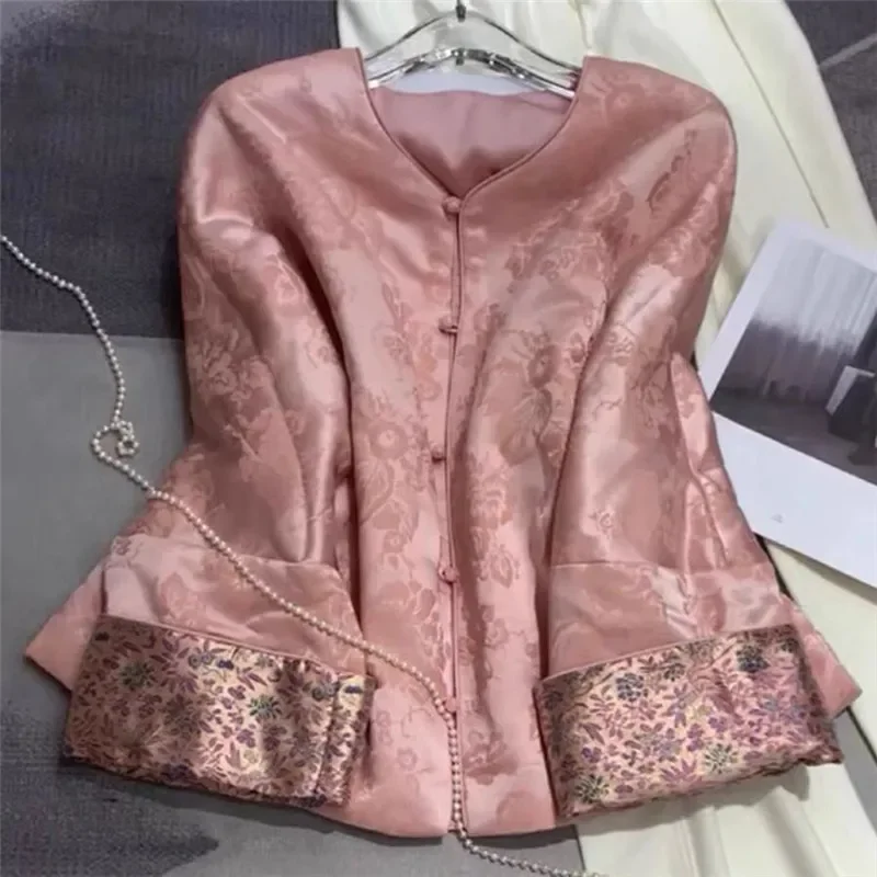 Pink Flower Jacquard Womens Jacket Winter Thick Silk Cotton Coat Women New Chinese Style Outerwear