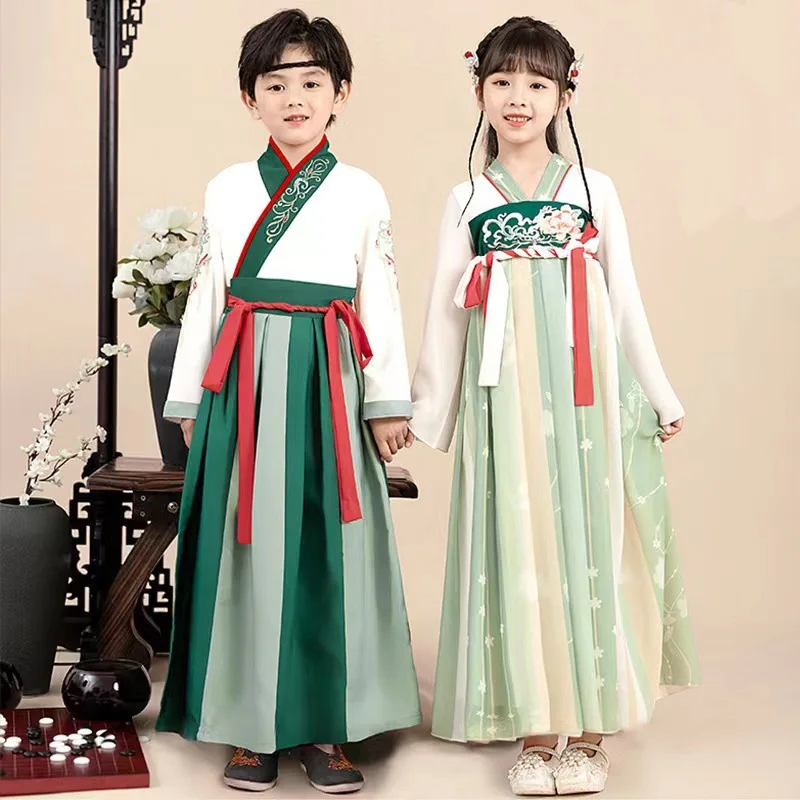 Baju Hanfu anak laki-laki, pakaian seragam tradisional Cina, pakaian pertunjukan kuno, kostum Tang gaun panjang