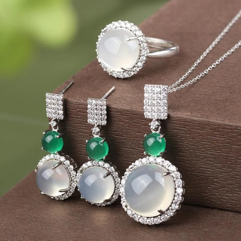 

Live Source Fashion Natural Chalcedony Earrings Rings Pendant Necklace Jewelry Set High Ice Perfect Jade Set