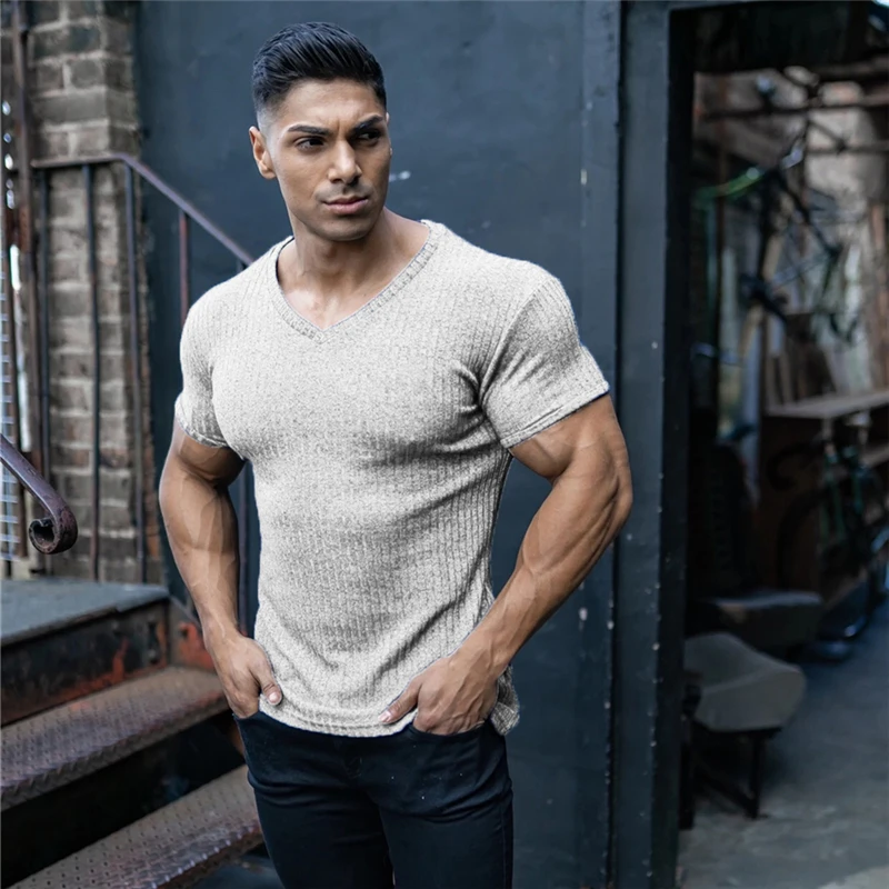 Gym Bodybuilding Knitted Quick Dry Tops Plain Summer Breathable V-neck T-shirts Mens Fitness Sport Slim Fit Short Sleeve Shirts