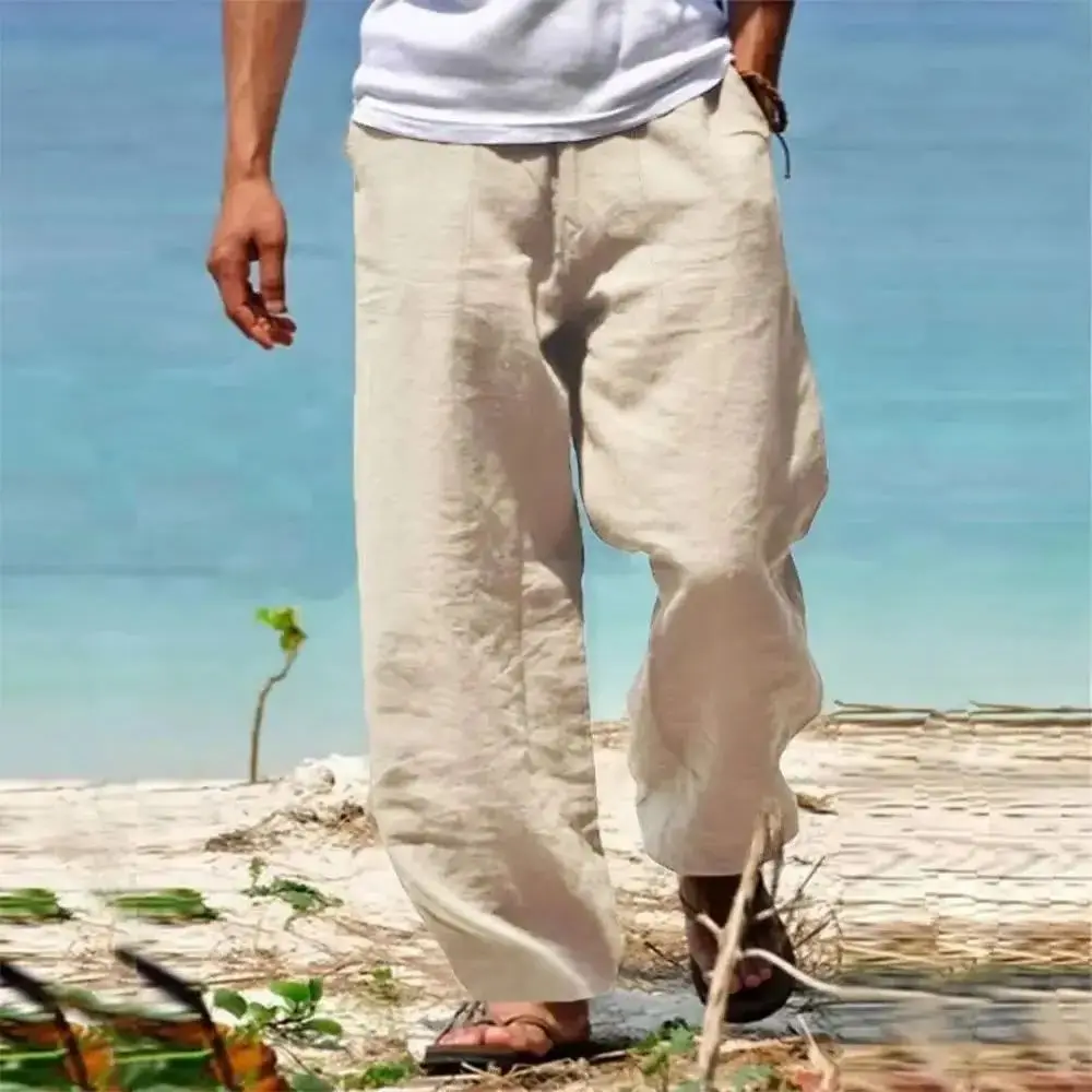 

Мужские льняные хлопковые брюки прямого кроя, дышащие, легкие, в пляжном стиле, удобные, повседневные, для весны и лета