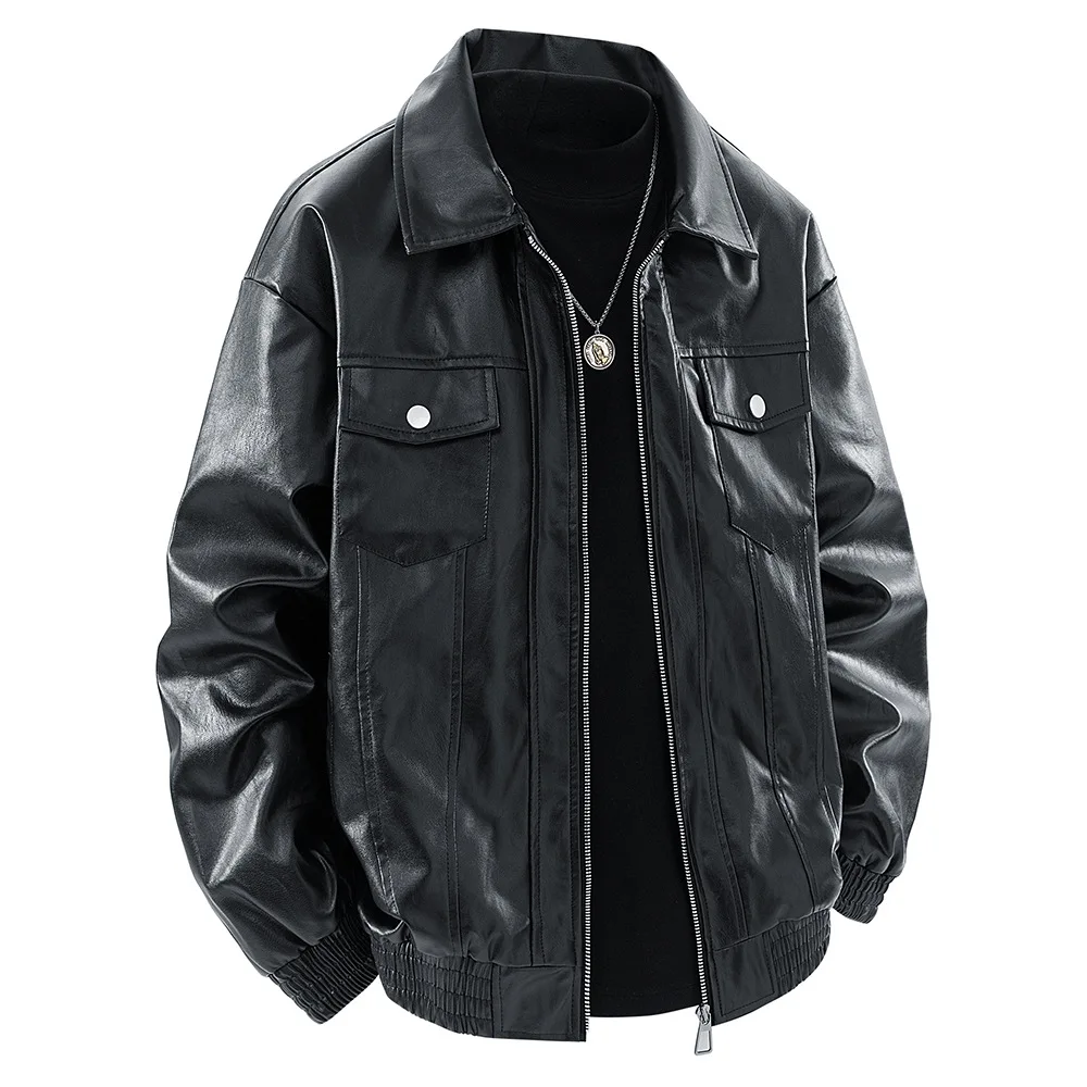Men's PU Leather Jacket Lapel Multiple Pockets American Casual Bomber Jackets For Man, Autumn Spring Windbreaker Men