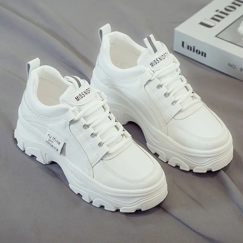 Fashion White Split Leather Women Chunky Sneakers White Shoes Lace Up Tenis Feminino Zapatos De Mujer Platform Women Casual Shoe