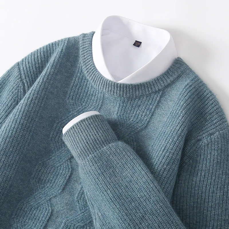 MVLYFLRT ฤดูใบไม้ร่วง/ฤดูหนาวใหม่ผู้ชายรอบคอเสื้อกันหนาว 100% Merino ขนสัตว์ถักหนา Twisted ดอกไม้สีทึบแขนยาว