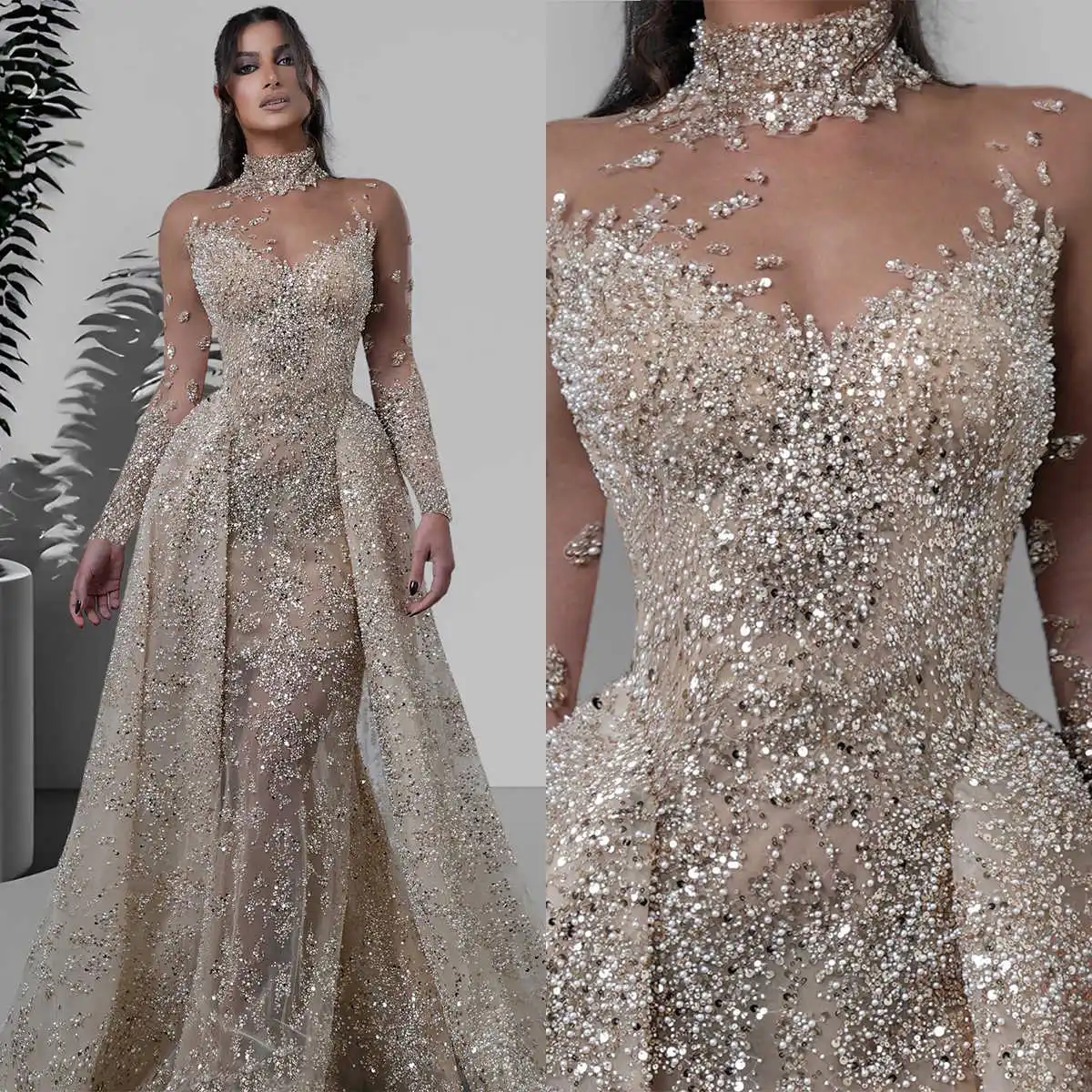 

Vintage Mermaid Evening Dresses For Women High Collar Sheer Neck Gowns Sequins Detachable Train Dress For Prom Party Custom Made