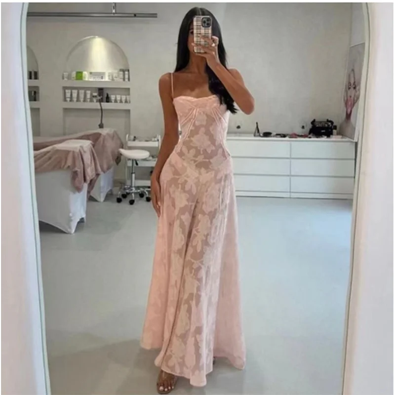 Vestido floral sin espalda sin mangas sexy para mujer Fecha de vacaciones Vestidos largos de niña picante Verano