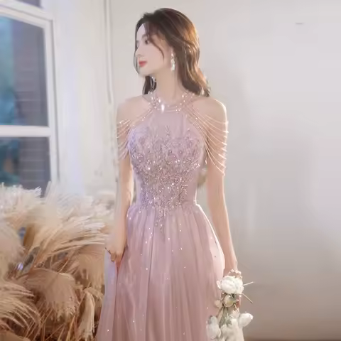 Pink Evening Dress 2025 Winter Style Celebrity Banquet Tassel Dress Art Exam Host Long Dress Vintage Improved Qipao
