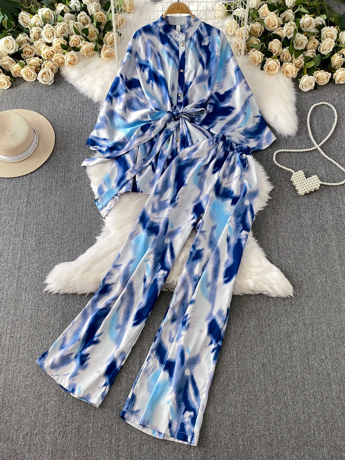 レトロなタイダイ柄ベルスリーブ日焼け止めIRTウエストシェイプハイウエストスリムワイドレッグパンツツーピースセット女性用...
