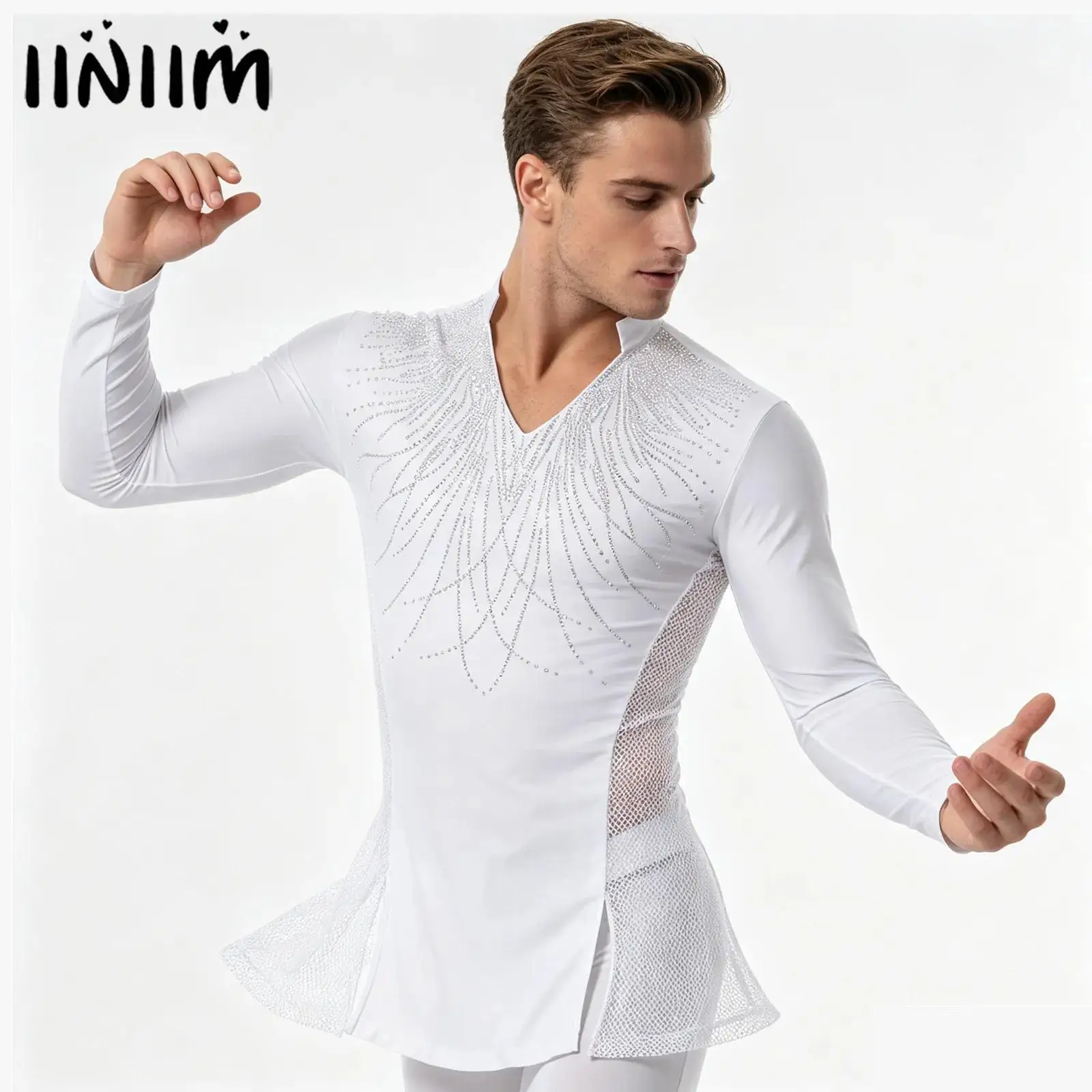 Mens Gymnastics Latin Ballet Dance Performance Costume Glittery Rhinestones Split Chacha Tango Ballroom Dance T-shirt Top