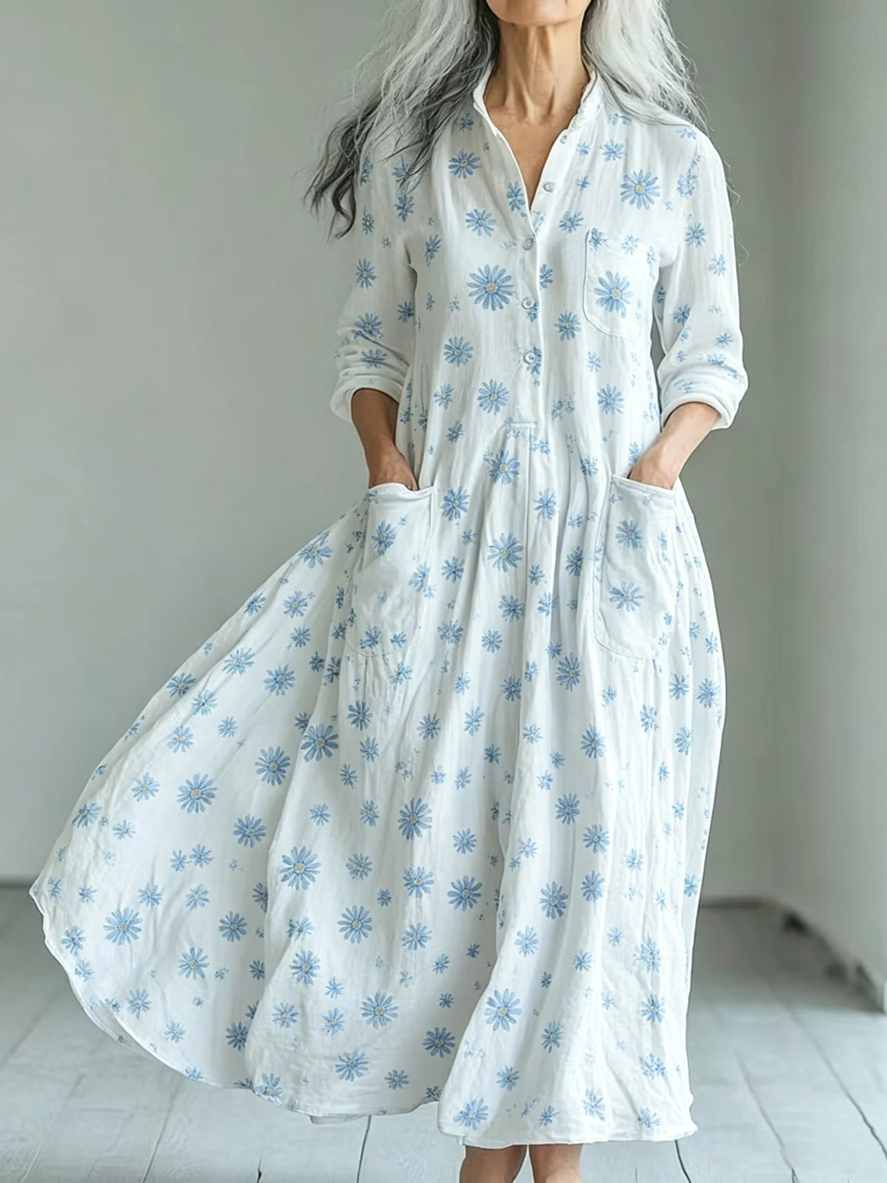 

Women's Blue Floral Print Casual Dresses Long Sleeve Stand Collar Loose Shirt Maxi Dress with Patch Pockets for Woman Clothing