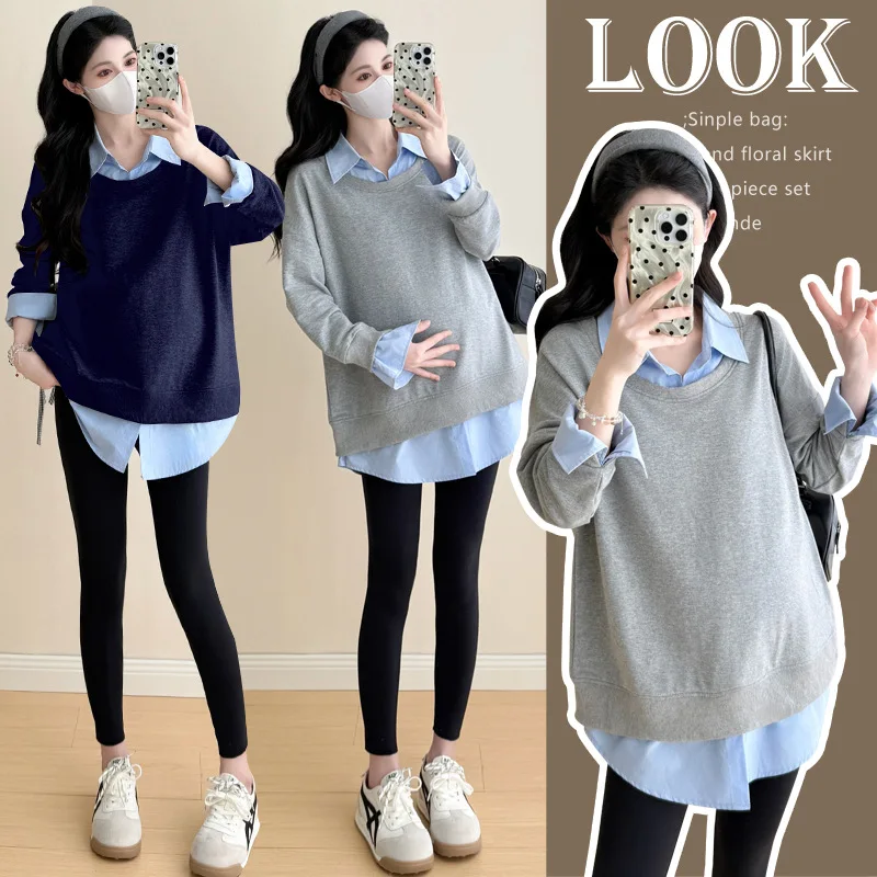 Maternity Long Sleeve T Shirt Autumn Casual Versatile Color Block Fake Two Piece Polo Shirt Korean Style Slim Fit Top