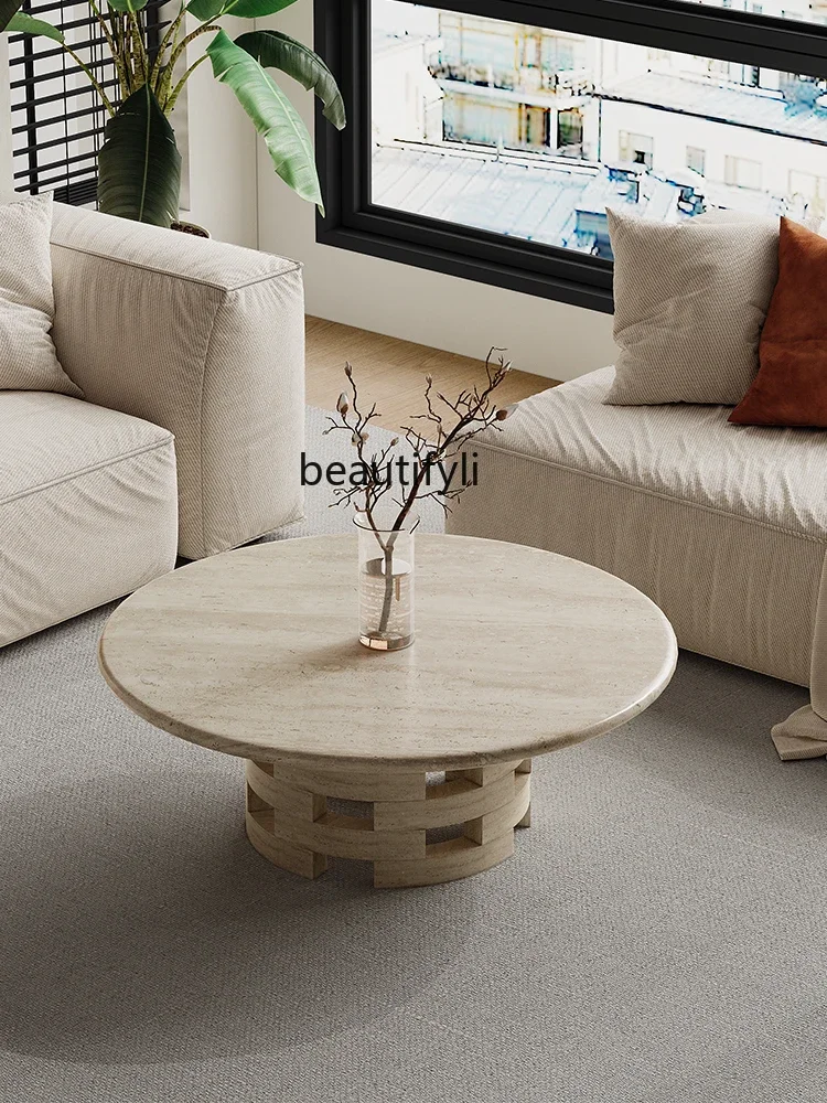 Wabi Sansan natural travertine coffee table living room household round small tea table retro luxury stone creativity