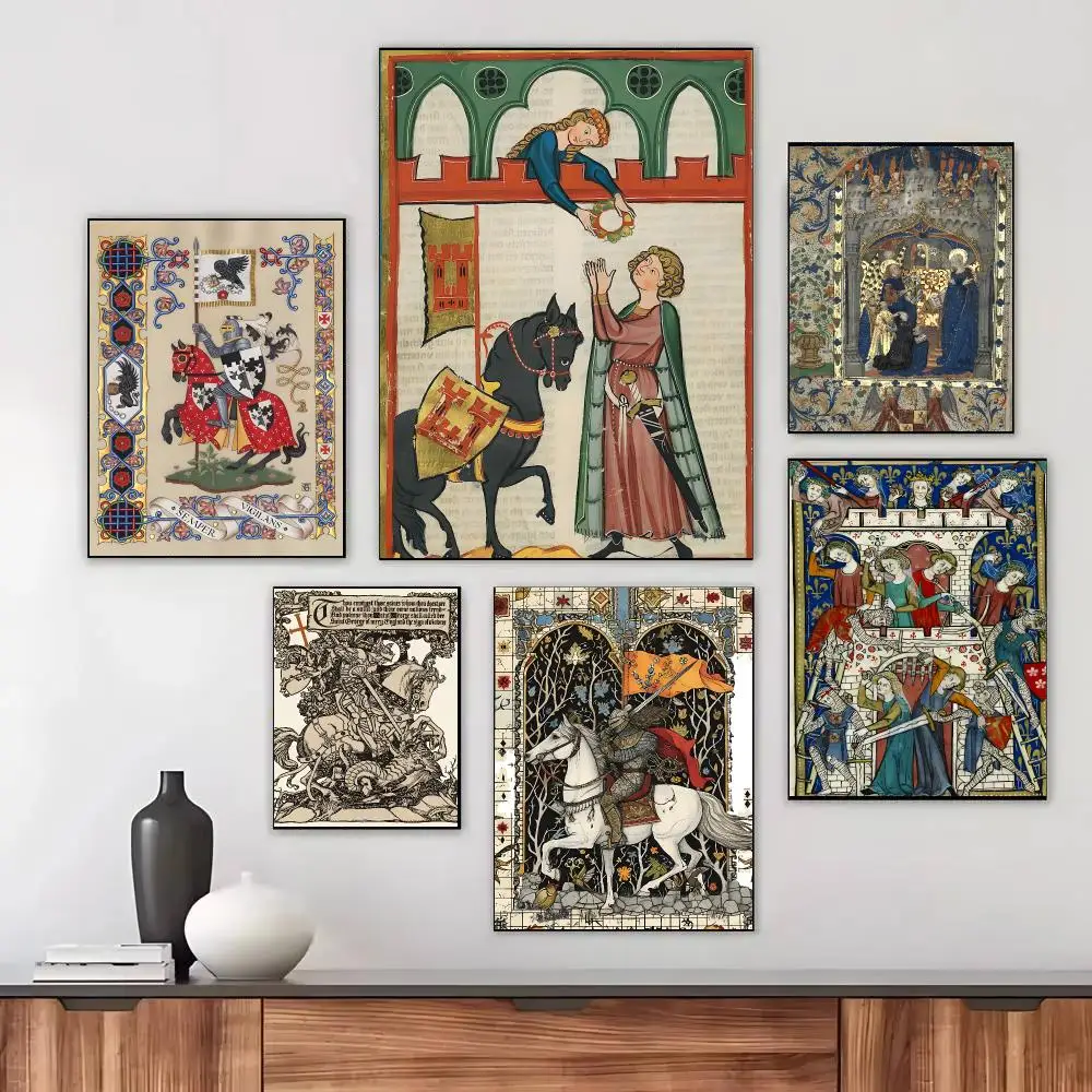 Medieval Gothic Knight Illuminated Manuscript Poster HD Waterproof Self-Adhesive For Living Room Gift Bedroom Hallway Wall Decor