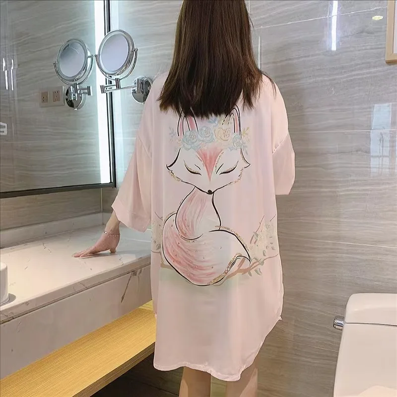 Women\'s Pajamas Summer Lace Nightgown Ice Silk Short-Sleeved Thin Section Loose Large Size Sexy Cardigan Shirt Home Clothing