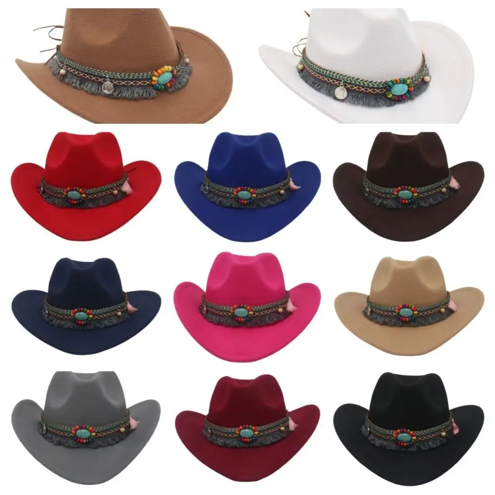 Vintage Woolen Western Cowboy Hat Solid Color Big-edge Cowgirl Jazz Hat Roll Brim Colorful Top Hat Bucket Hats 5