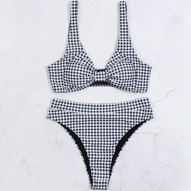 

Sexy High Waist Plaid Bikini Women's Swimsuit Hot Sale Of The Season New Butterfly Knot Swimwear Crossbody Divided Two-Piece Swi