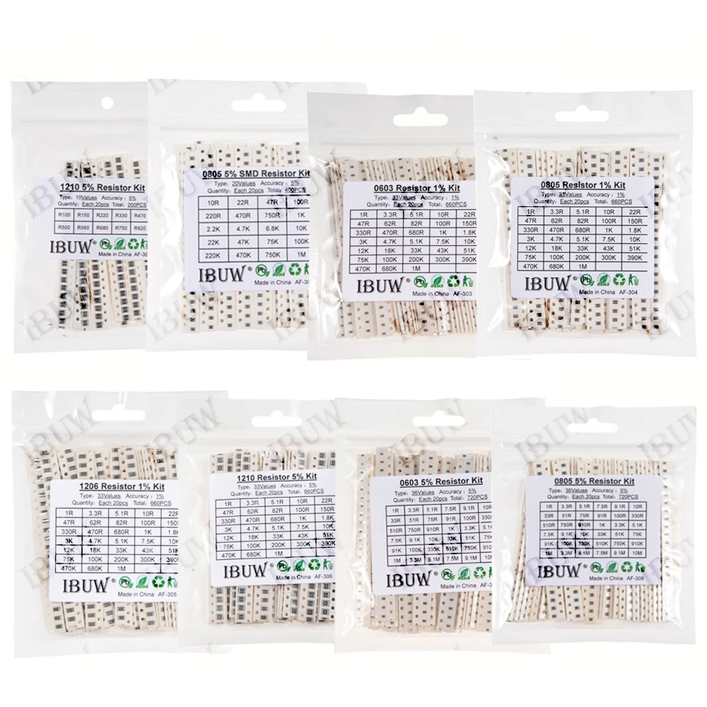 0201 0402 0603 0805 1206 1% 5% SMD Resistor Assorted Kit 1R-1M 10K 100K 1K 100R Resistance Set DIY 3.3R 5.1R 7.5K 43K 51K