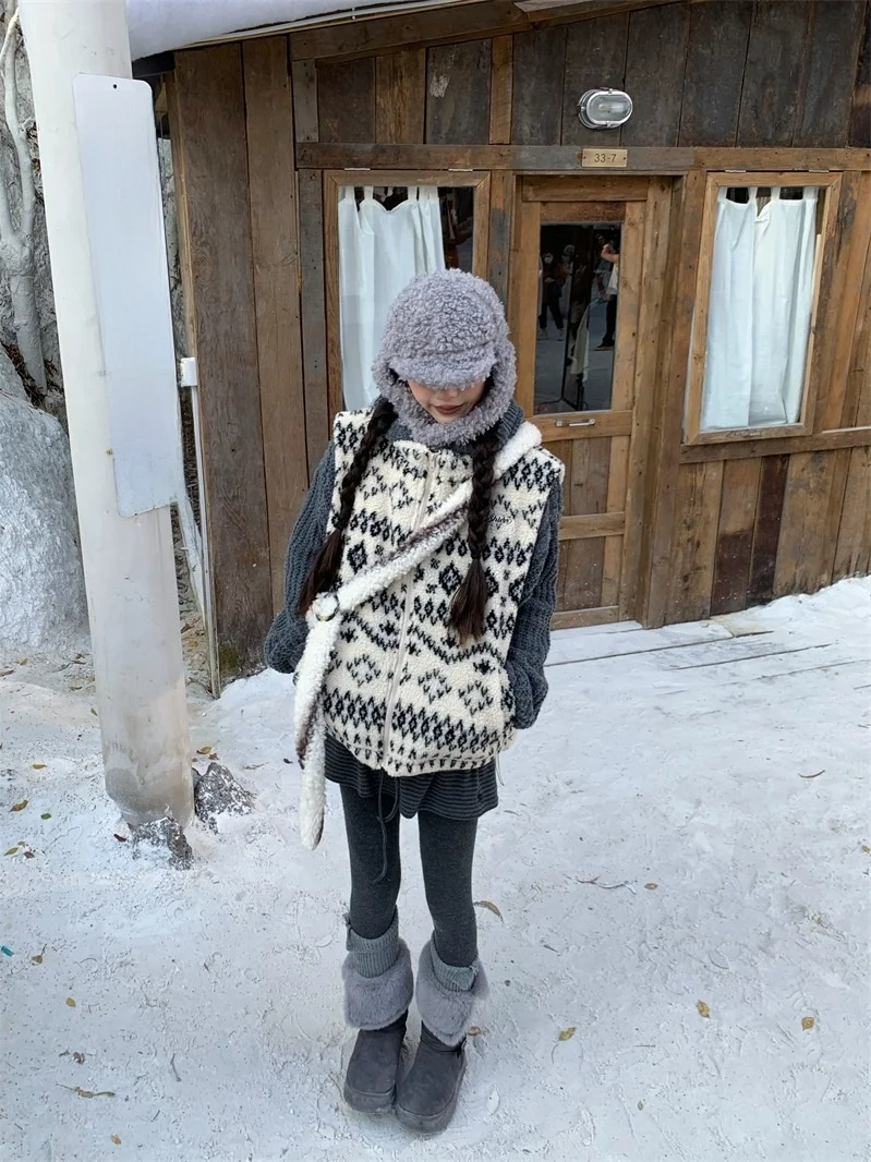 

Lamb Fur Vest Women's Loose Casual Stand Collar Cotton Jaet Outerwear Autumn Winter Layering Versatile Trendy No Brand