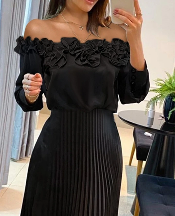 Women's Elegant Dress 2024 Spring Summer Latest Casual Off Shoulder Frill Hem Pleated Midi Dress Long Sleeve Button Long Skirt