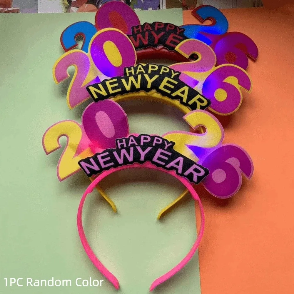 

LED Glow 2026 Happy New Year Headband Photographic Headwear Number Letter 2026 Glow Sticks Plastic Colorful LED Glow Hair Bands