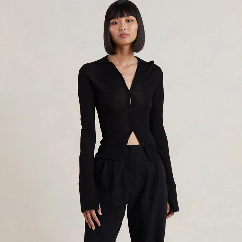 

Women's Long Sve V-Ne Top irt Single Breasted Flare Design Ladylike Commute Sle Pure Color Busin Casual Knitwear